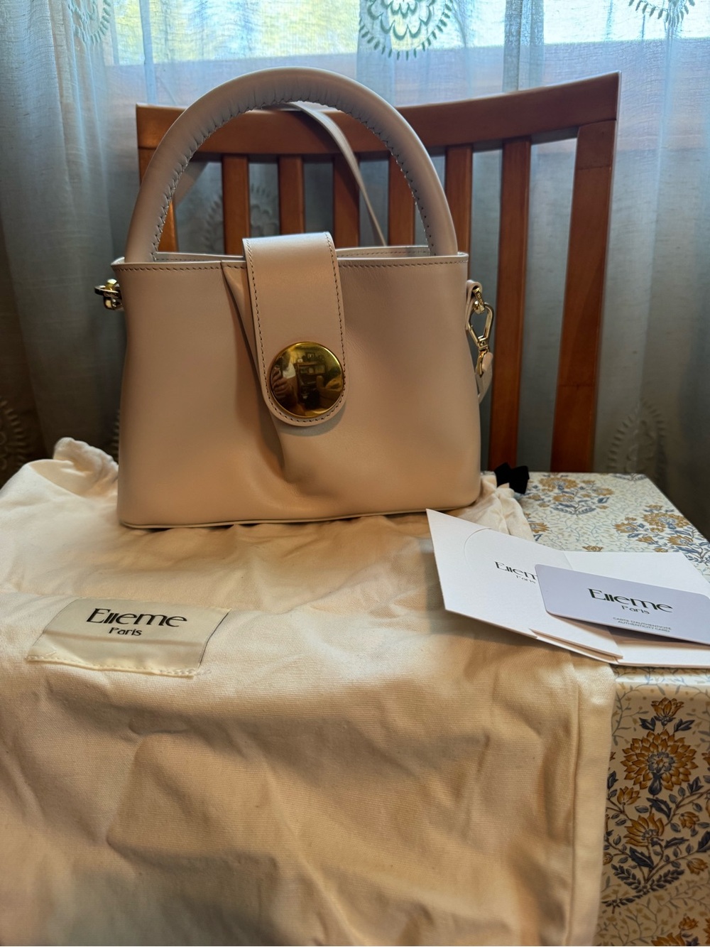 Elleme Cream Top-Handle Leather handbag with Gold Accent - Picture 3 of 16